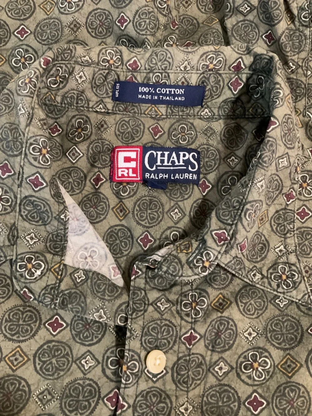 Chaps Ralph Lauren Men’s Shirt L Geometric Print Button Short Sleeve OliveGreen